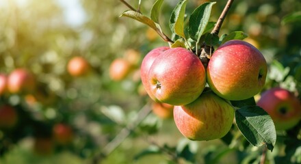Ripe red apples hanging on tree branch in orchard