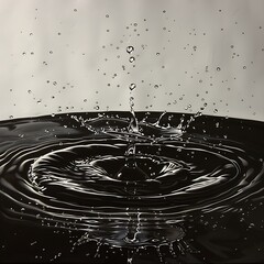 A drop falls on the water surface, forming circles on the water. A black and white photo, Monochrome water droplets rebounding on still surface in calm reflection, drops of water splashes on the river