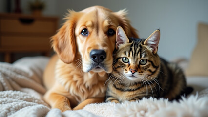 Cat and Dog Friendship: Heartwarming Bond of a Golden Retriever and Tabby Cat, Generative AI.
