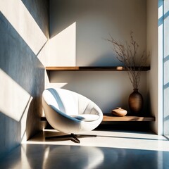 Minimalist interior design, sunlit room, modern egg-shaped chair, floating wooden shelf, ceramic vases, bare branches, large window, shadow play, neutral tones, beige walls, cozy nook, contemporary ae