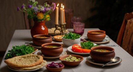 Fototapeta premium Rustic dinner table set with soups, bread, and vegetables, illuminated by candles