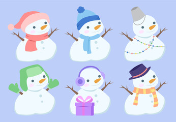 Set of snowmen. Winter season characters. Snowman in pink and blue scarf and hat, headphones and mittens. Christmas and New Year. Flat vector collection