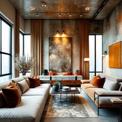 Modern industrial loft interior, luxurious living room, floor-to-ceiling windows, exposed concrete walls, warm amber lighting, leather sectional sofa, abstract art, potted plants, minimalist decor, mo