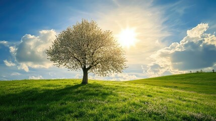 Fototapeta premium A panoramic view of a vibrant green field under a bright blue sky,