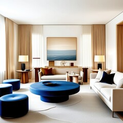 Fototapeta premium Modern luxurious living room, minimalist design, neutral tones, large blue circular ottoman, textured beige wallpaper, ocean horizon painting, white sofa, wooden accent furniture, natural light, elega