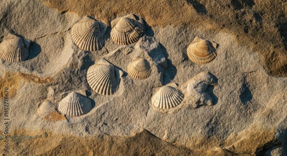 Poster fossilized seashells embedded in sedimentary rock surface