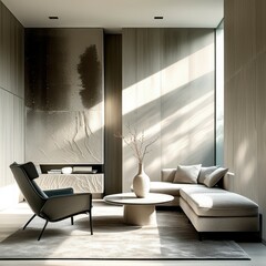 Interior design, minimalist living room, neutral tones, large windows, natural light, shadow play, sculptural armchair, curved sofa, abstract wall art, fireplace, textured walls, high ceilings, potted