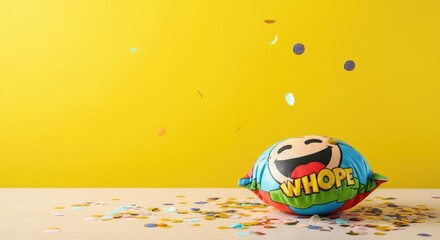 Colorful prank toy on table with scattered confetti
