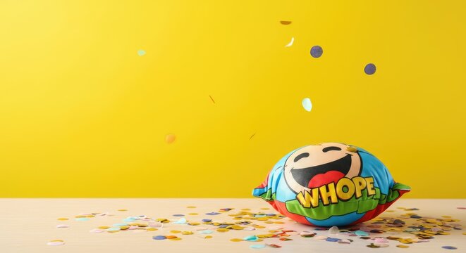 Colorful prank toy on table with scattered confetti