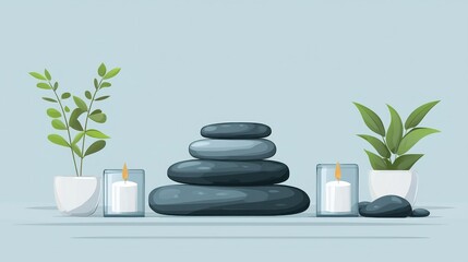 Obraz premium Serene Hot Stone Therapy Session for Tension Relief and Relaxation in 2D Flat Style Illustration