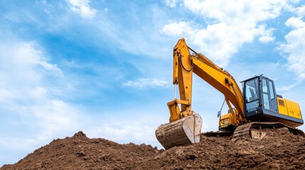 Yellow Excavator Working on a Construction Site Against Bright Blue Sky and White Clouds