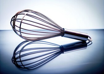 Sleek stainless steel whisk, a stark silhouette against a pure white backdrop.