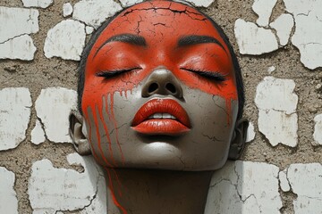 Woman's Face with Cracked Orange Paint on Weathered Wall