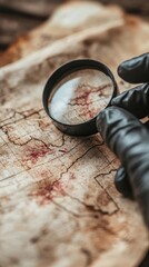 Close-up of a magnifying glass on a weathered map with intricate details.