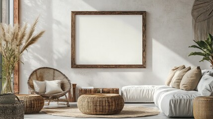 Illustration of a mock up frame in a nomadic boho interior background with rustic decor. Ai generated image