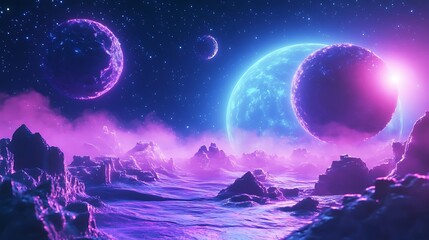 Vibrant Digital Painting: Ethereal Alien Landscape, Glowing Planets & Mysterious Mountains. AI Generated