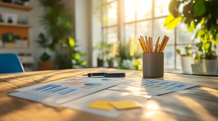 A vibrant startup desk featuring a mix of printed graphs and summary sheets in focus, complemented by a stylish pen holder, sticky notes, and sunlight filtering through a window,
