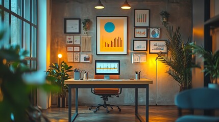 A vibrant startup office nook with a well-organized desk filled with progress charts and financial trend graphs, accented by sleek furniture, motivational wall art,