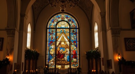 Fototapeta premium Ornately decorated church interior with large, colorful stained glass window