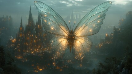 Obraz premium A luminous butterfly hovers over a glowing, mystical cityscape at twilight.