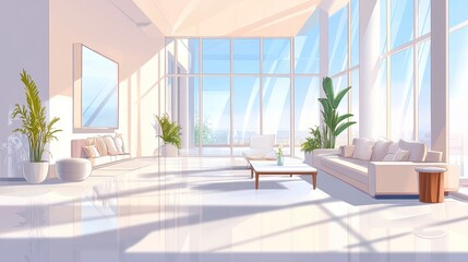 Sunlit modern penthouse living room with city view.