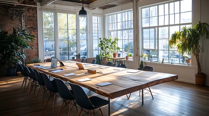 A warm and inviting coworking space, large communal wooden tables with scattered team reports and notebooks, glowing in natural sunlight from oversized windows,