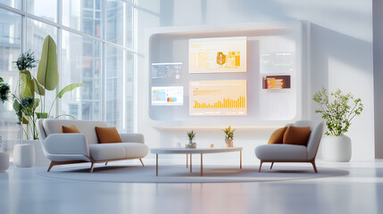 Futuristic hybrid meeting room with augmented reality displays, virtual team members, and AI-driven collaboration tools

