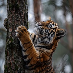 The Tiger, Amur tiger stretching on a tree Scottish highland wildlife park, A cute little tiger cub is lying on the tree, looking at you with its mouth open.