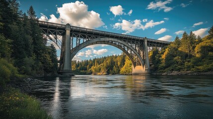 Obraz premium Majestic River Bridge Spanning Lush Greenery Under a Blue Sky