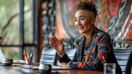 An Indigenous Australian CEO with short cropped hair, dressed in a contemporary Indigenous-designed blazer and black trousers, leading a strategy session in a boardroom with panoramic views