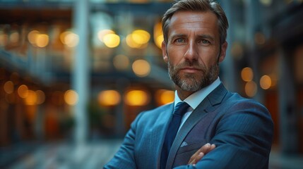 Fototapeta premium Businessman with crossed arms standing confidently, bright modern office background, serious expression, natural lighting, copy space, high contrasty, cinematic, professional photography