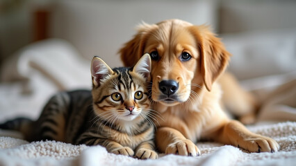 Cat and Dog Friendship: Heartwarming Bond of a Golden Retriever and Tabby Cat, Generative AI.