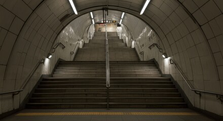 Fototapeta premium Empty subway staircase with tiled walls and overhead white lights