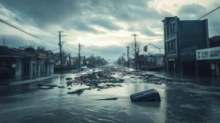 Fototapeta premium A flooded city street with water submerging broken asphalt and debris floating around, cloudy skies 