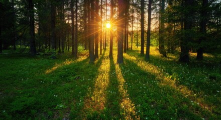 Obraz premium Sunlight beams through dense forest, illuminating carpet of green foliage and wildflowers