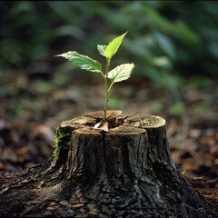a young tree stump by James Watson for stocks united, A small plant sprouts from a tree stump, symbolizing renewal and growth in nature, Young tree emerging from old tree stump.

