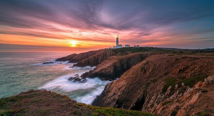 Lighthouse on rugged cliff at sunset with waves crashing against rocks