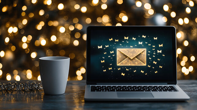 laptop displaying glowing email icon with festive lights in background, creating warm atmosphere