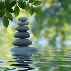 Zen stones on the water , relaxing, calm , soothing, Precious Tranquility: A Zen-Inspired Wallpaper, Tranquil Zen stone stack reflection in serene water garden.
