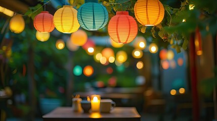 A cozy outdoor dining area illuminated by colorful paper lanterns in shades of orange,