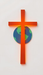 global christian mission concept glowing cross with earth spreading the gospel worldwide abstract background, flat papercut style, with white tones