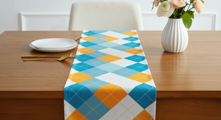Obraz premium Table with argyle pattern runner and vase of flowers
