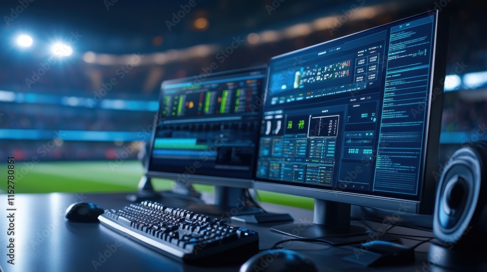 Poster dual computer monitors displaying sports data analytics in a modern stadium environment at night