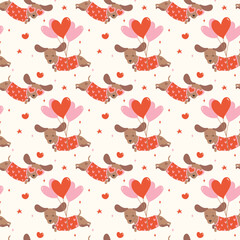 Cute Valentine Dachshund with Heart Balloons Pattern Seamless Groovy sausage dog Wallpaper isolated on background