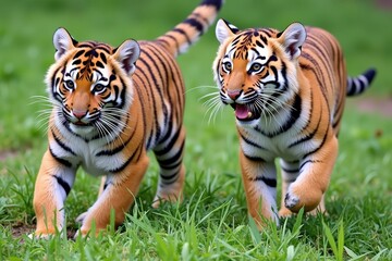 Fototapeta premium Playful Tiger Cubs Running in Lush Green Meadows, Perfect for Wildlife and Nature Photography Enthusiasts