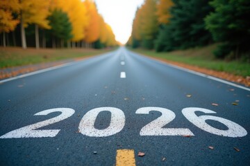 Fototapeta premium Celebrate the Future: Inspiring Road Ahead with 2026 Marked on Paved Pathway Surrounded by Autumn Colors
