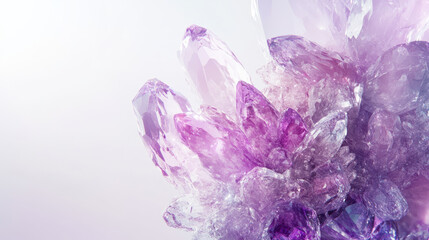 An intricate crystalline cluster in striking hues of lavender and pastel pink, resembling a magical frozen bloom, flawlessly isolated against a pure white background, soft yet sharp texture contrast, 