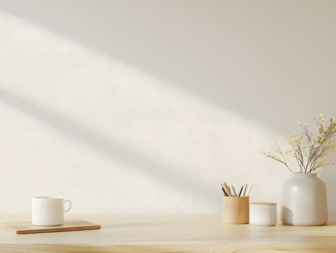 Elegant minimalist workspace setup with plants and coffee home office still life bright natural light aesthetic design