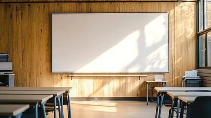 Empty modern classroom with large whiteboard, wooden walls, desks, and sunlight.