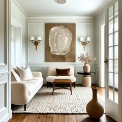 Elegant living room, neutral color palette, large circular artwork, modern L-shaped sofa, textured area rug, wall sconces, crown molding, natural light, dried floral arrangement, minimalist decor, hig